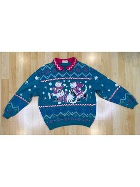 Vintage 90's Spumoni Women's Size L Pink Turquoise Collar Grandma Sweater USA